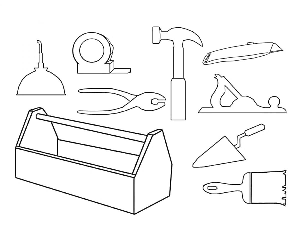 Раскраска Набор инструментов с ящиком для инструментов, маслёнкой, рулеткой, молотком, канцелярским ножом, плоскогубцами, рубанком, мастерком и кистью