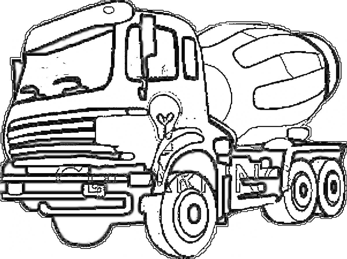 Раскраска Грузовик с бетономешалкой, 6 колес, кабина водителя, вращающийся барабан