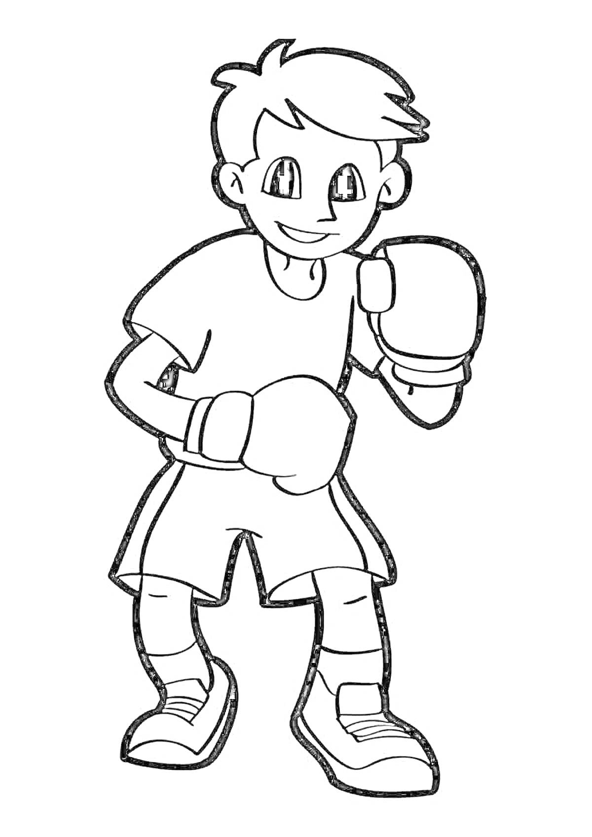 На раскраске изображено: Бокс, Спортивная форма, Боксерские перчатки, Спорт, Мальчик