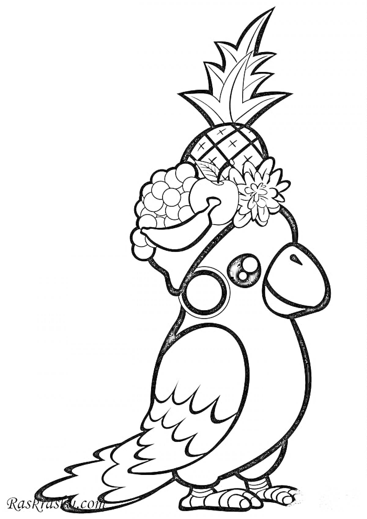 Раскраска Попугай с фруктами и цветами на голове
