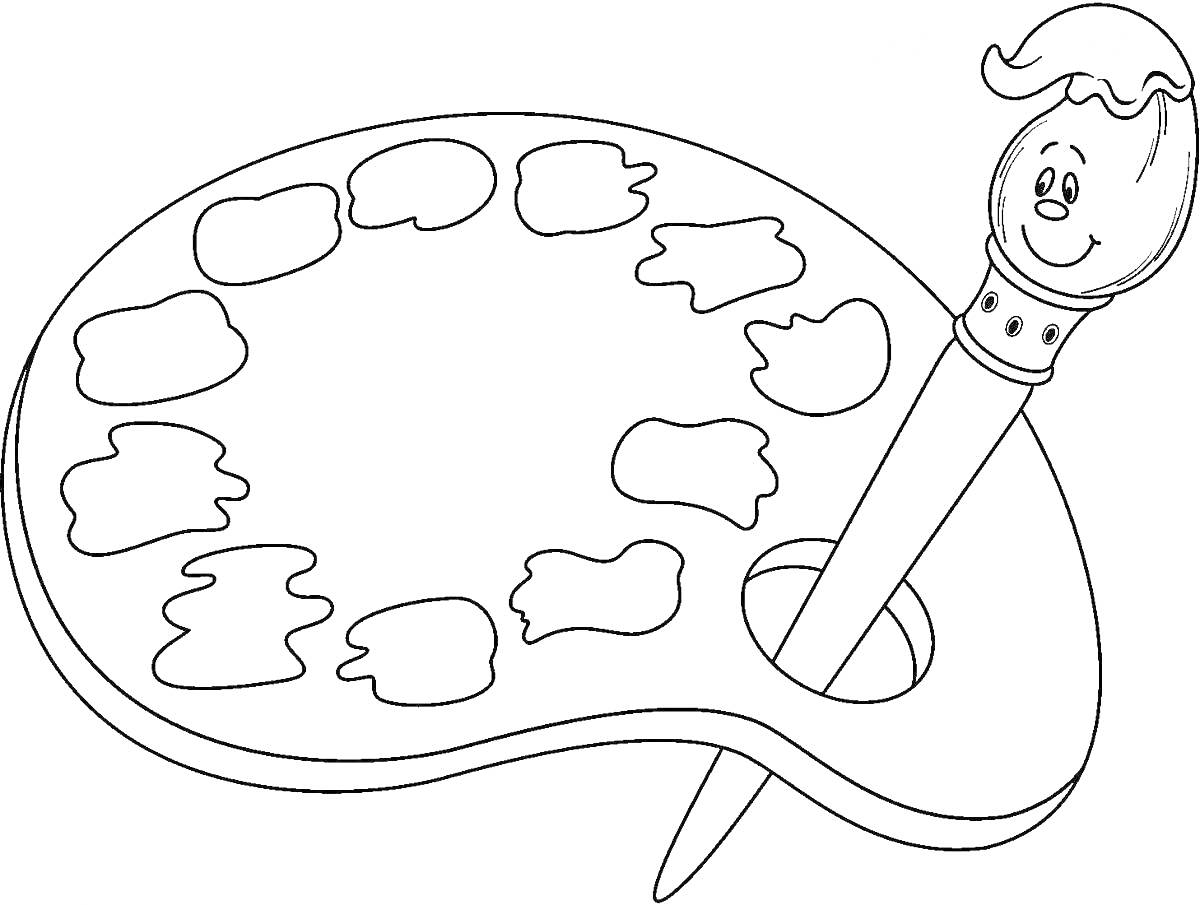 Раскраска Палитра с красками и кисточкой с улыбкой