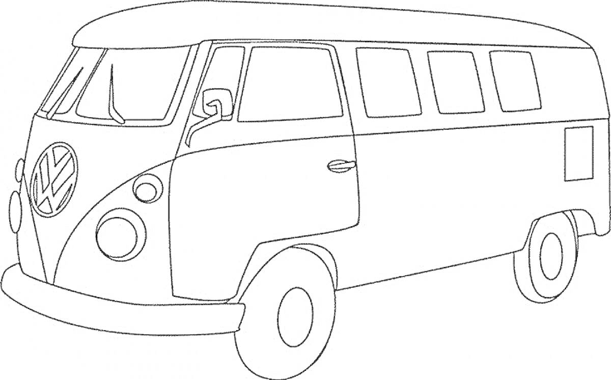 На раскраске изображено: Фургон, Volkswagen, Окна, Фары, Ретро, Транспорт