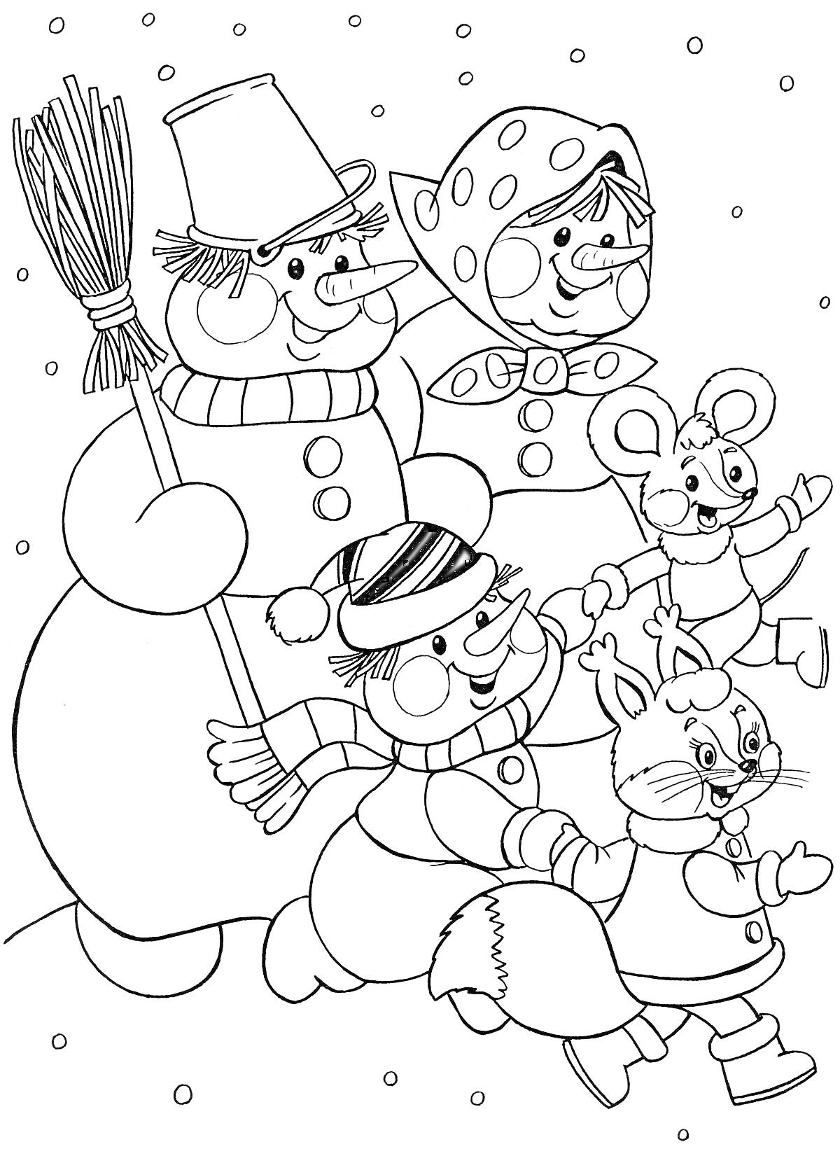 Снеговик с тремя сказочными друзьями (мышь, заяц, персонаж в шапке и галстуке-бабочке) на снежном фоне.