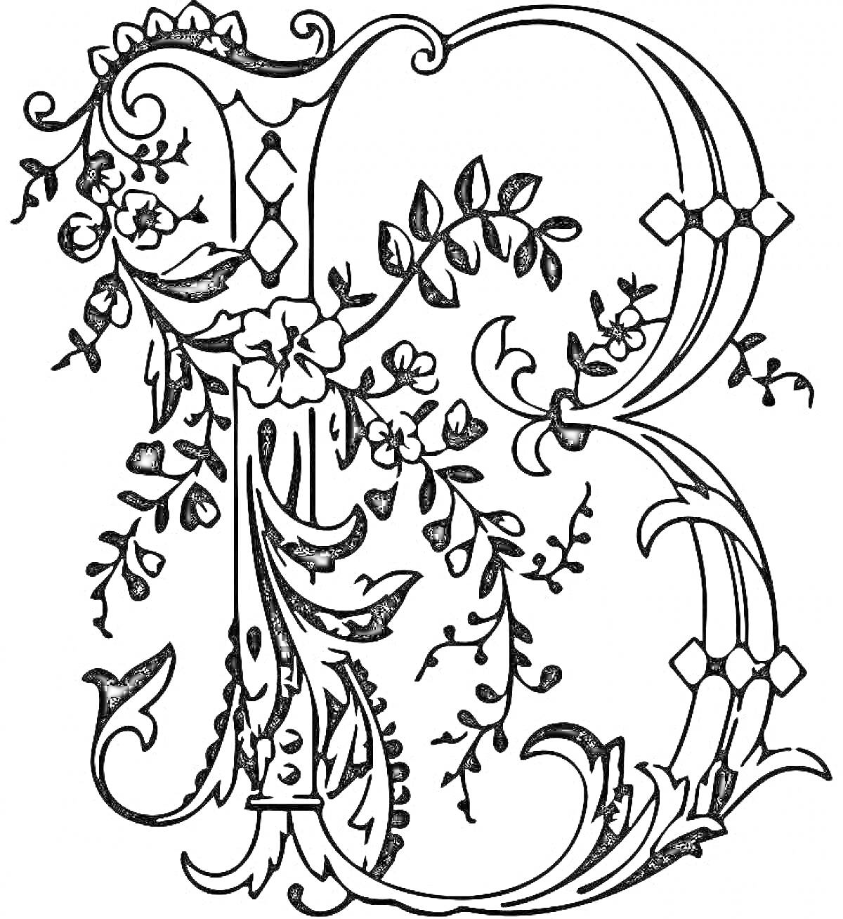 Раскраска Вензель с цветами и лианами
