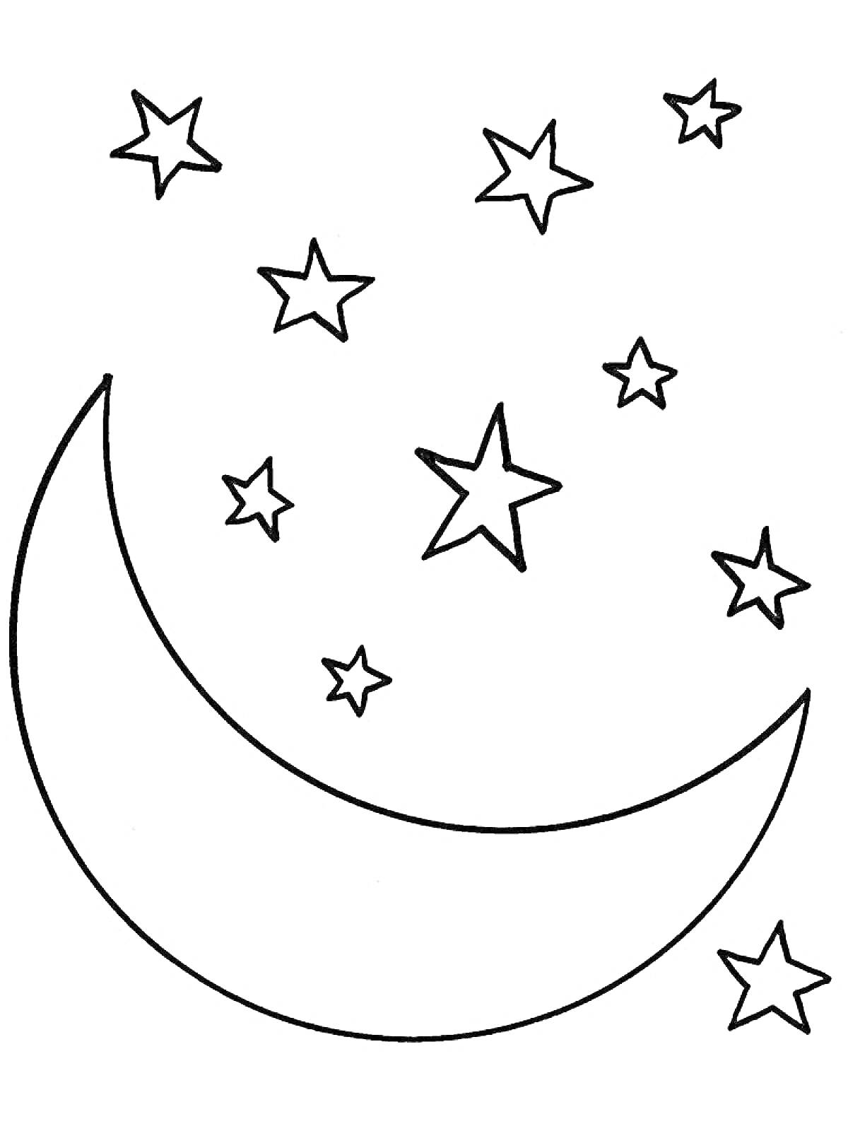 На раскраске изображено: Месяц, Звезды, Небо, Ночь, Космос