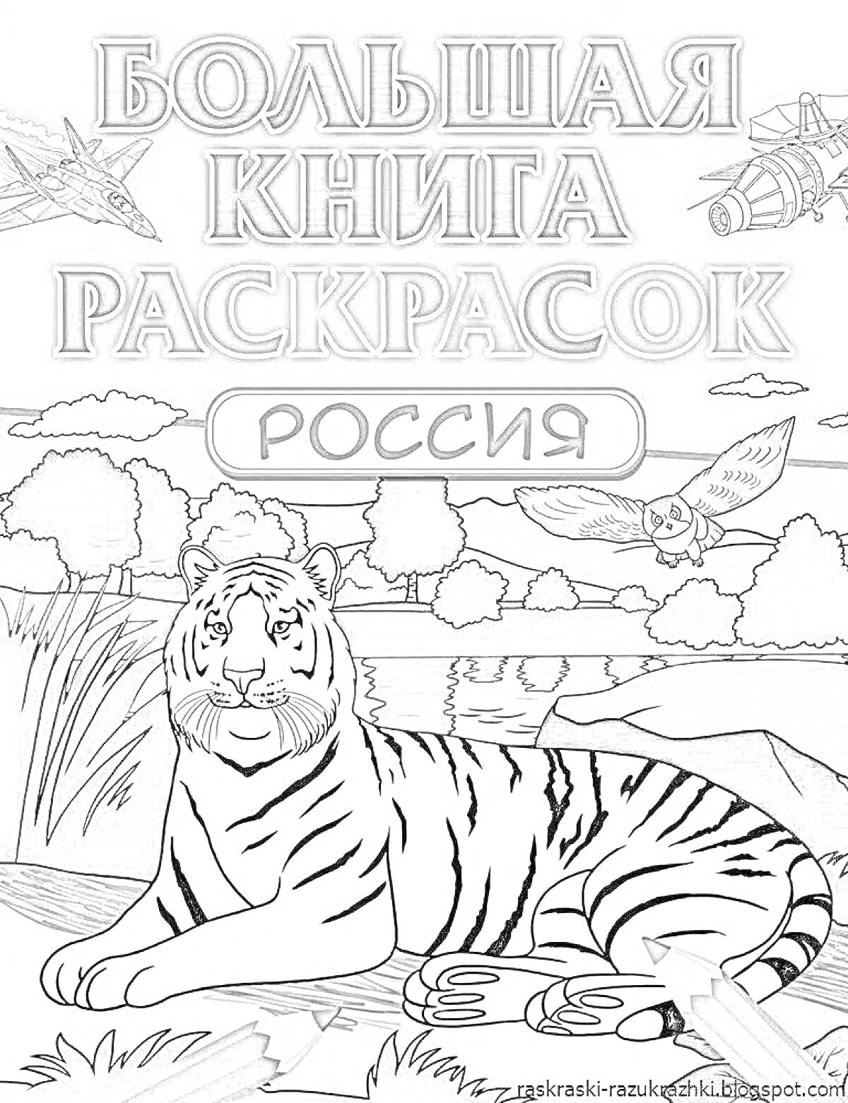 Раскраска Большая книга раскрасок. Россия - тигр на фоне природы, самолёты в небе, летящая сова