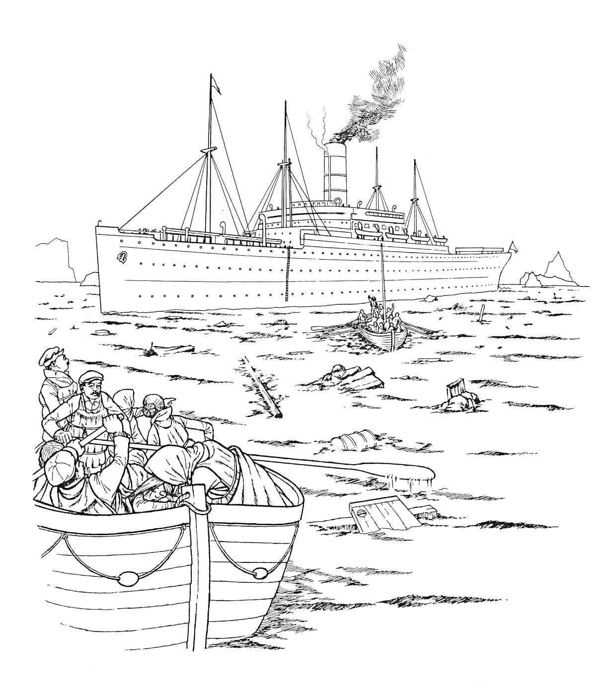 На раскраске изображено: Титаник, Кораблекрушение, Пассажиры, Обломки, Лайнер, Айсберг, Дым, Трагедия