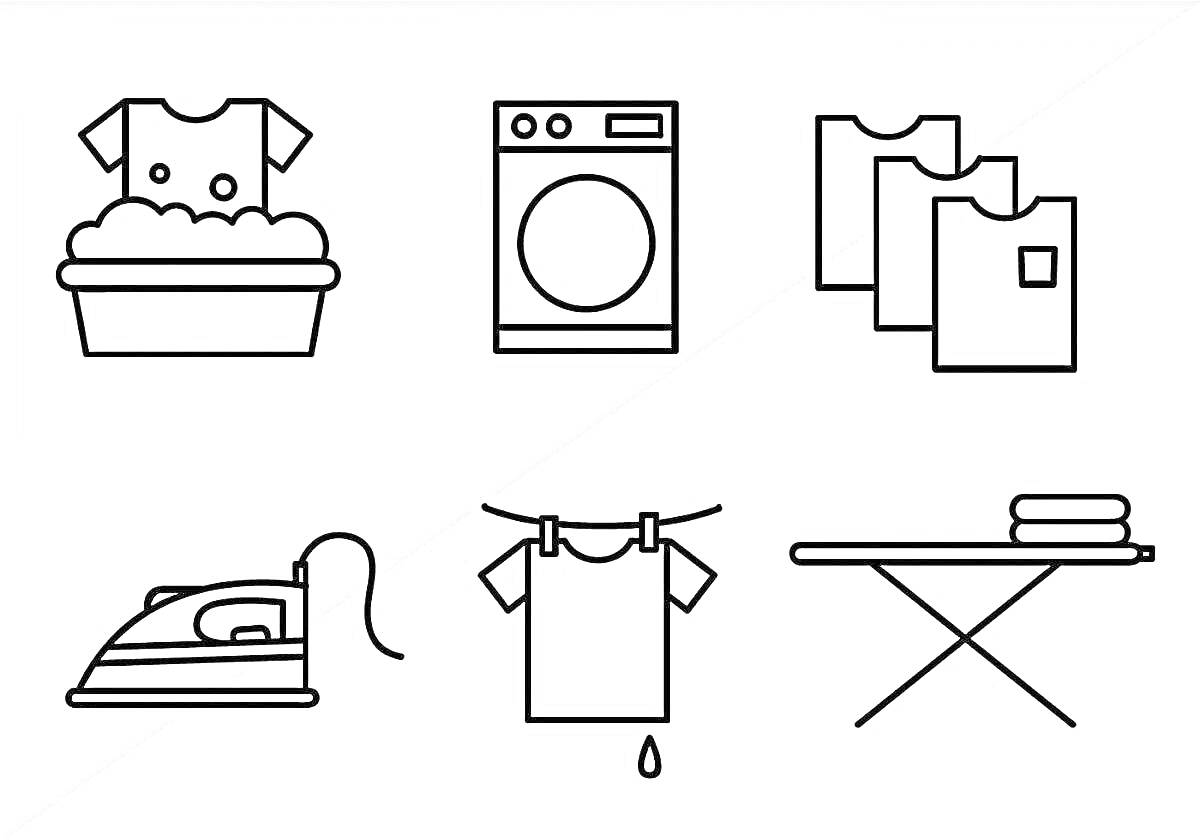 Раскраска Уход за одеждой с тазиком для стирки, стиральной машиной, сложенной одеждой, утюгом, сушащейся одеждой и гладильной доской