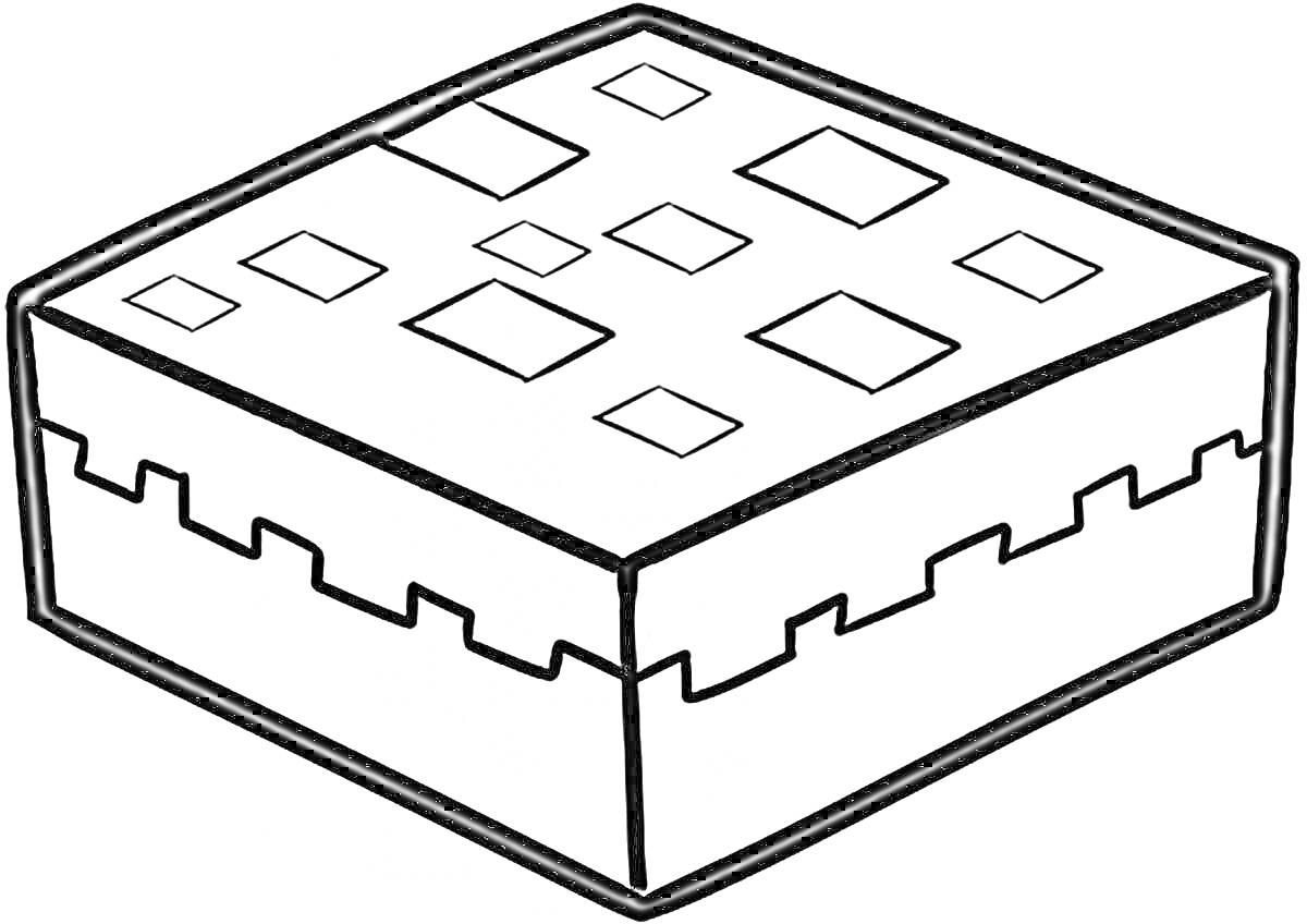 Раскраска Куб с квадратными узорами на верхней стороне и зубчатыми линиями по бокам