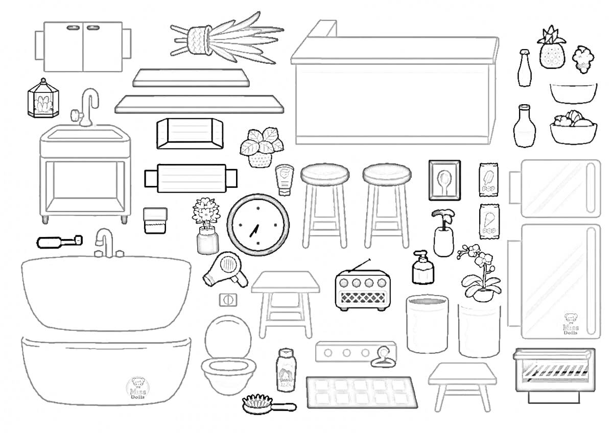 На раскраске изображено: Кухня, Ванная комната, Раковина, Унитаз, Ванна, Стол, Холодильник, Полки, Часы, Растения, Мыло, Полотенце, Растения в горшках, Свечи, Мочалка, Мебель, Бумажный домик