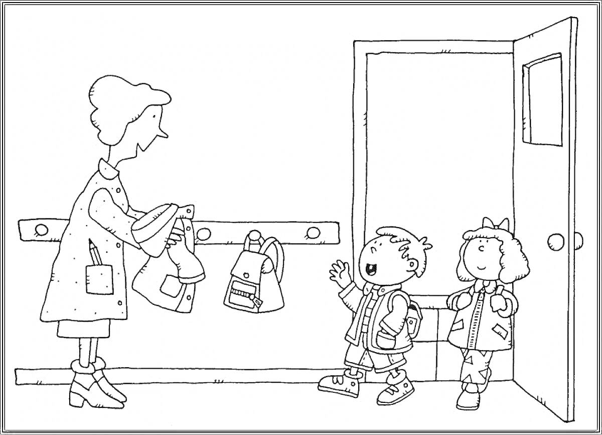 На раскраске изображено: Учитель, Школа, Дверь, Ранец, Приветствие, Правила поведения, Улыбка, Пальто, Коридор, Для детей