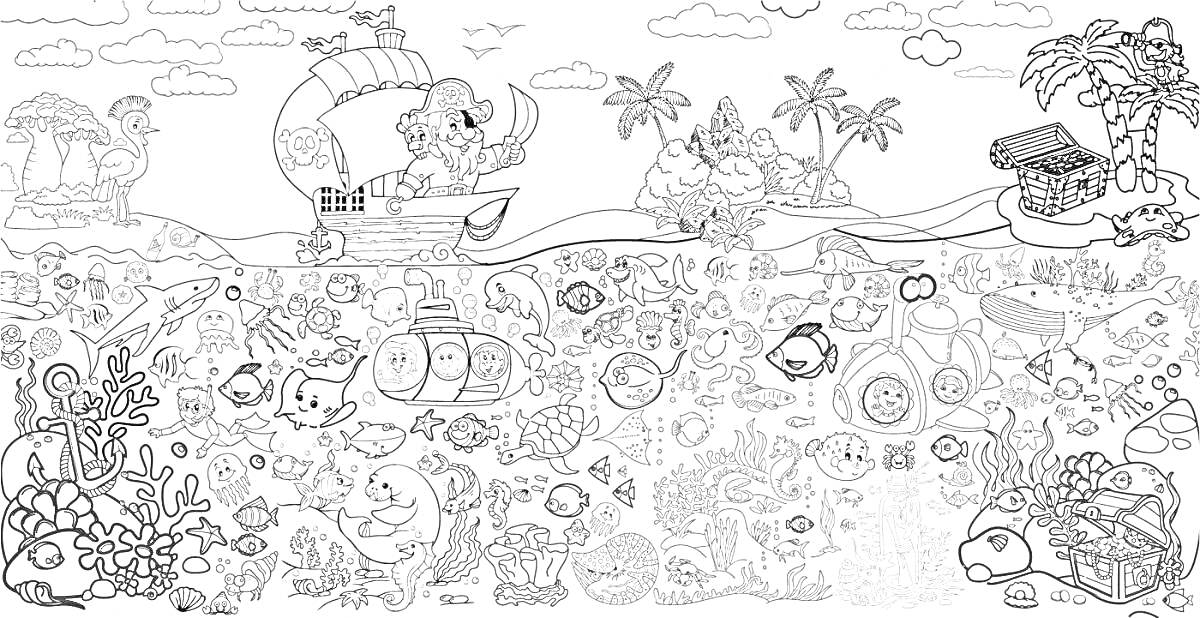 Раскраска Остров сокровищ с пиратским кораблем, морскими существами, сундуками с сокровищами, пальмами и домиком на берегу