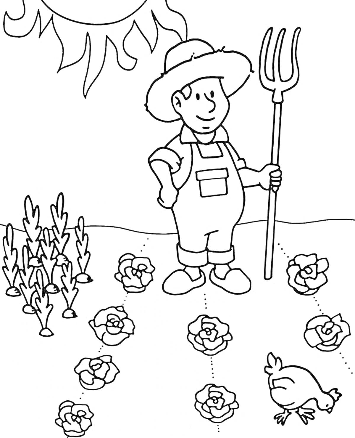 На раскраске изображено: Фермер, Вилы, Огород, Грядка, Овощи, Цветы, Солнце