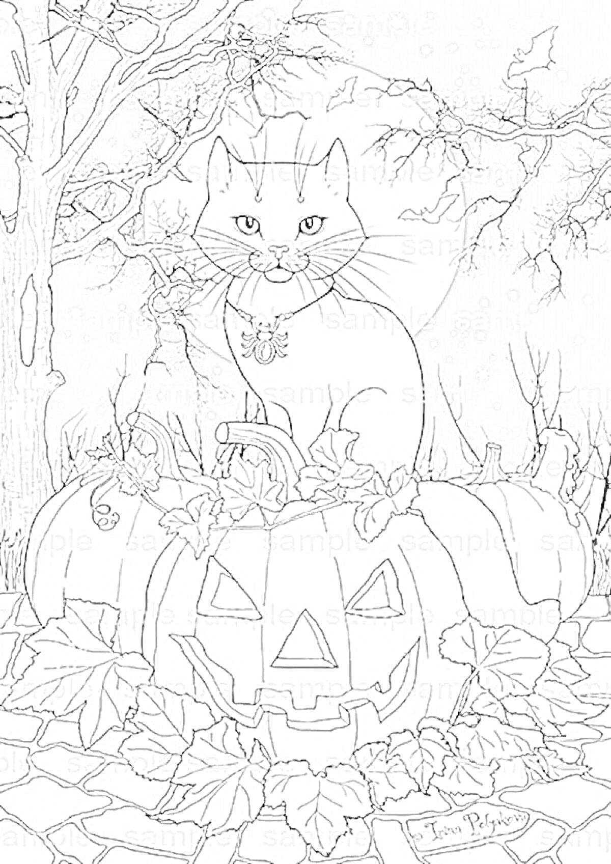 На раскраске изображено: Хэллоуин, Кот, Паутина, Летучая мышь, Листья, Каменная дорожка, Луна