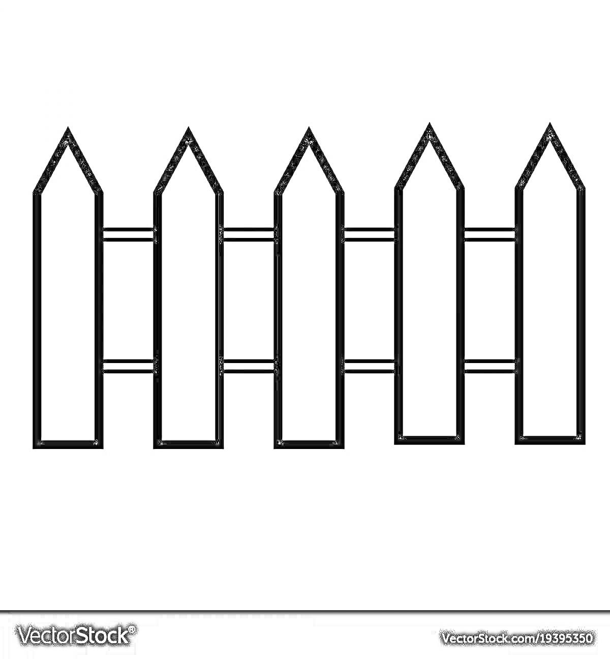 Раскраска Деревянный штакетный забор с пятью пикетами, укрепленный горизонтальными перекладинами