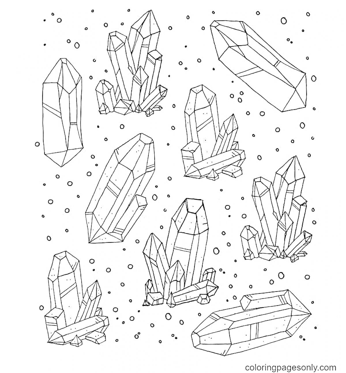 На раскраске изображено: Кристаллы, Минералы, Геометрические фигуры, Многоугольники, Точки