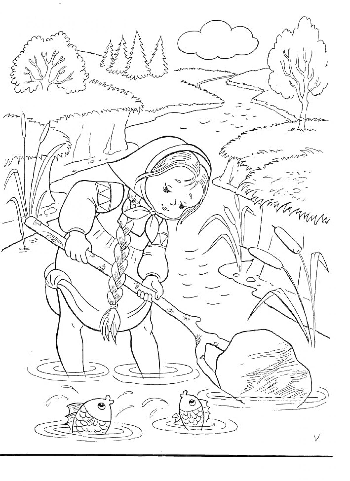 Раскраска Девочка с косой у реки с гусями, водой и рыбами