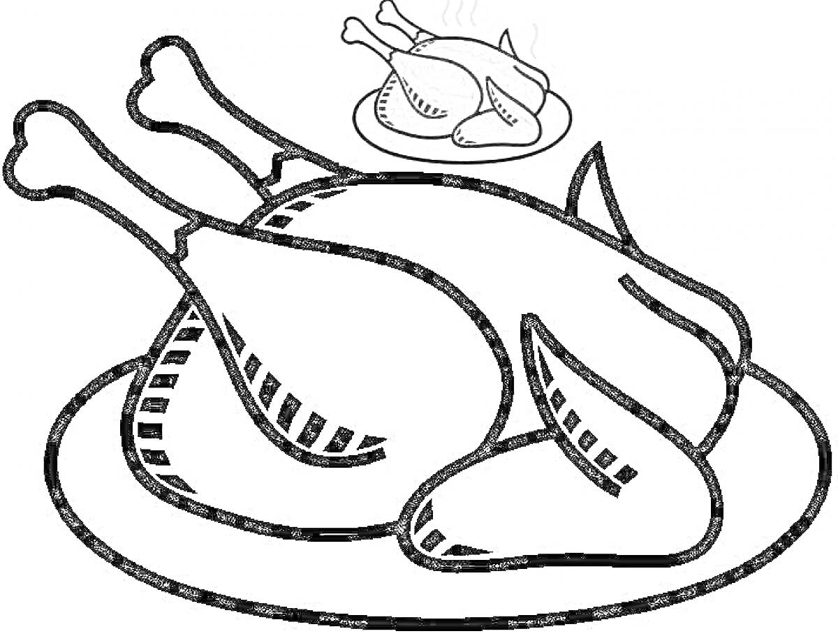 Раскраска Запеченная индейка на тарелке с готовым блюдом на заднем плане