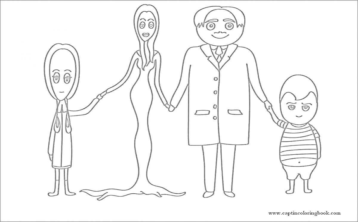 На раскраске изображено: Семейный портрет, Мальчик, Девочка, Мужчина, Женщина, Одежда, Держащиеся за руки
