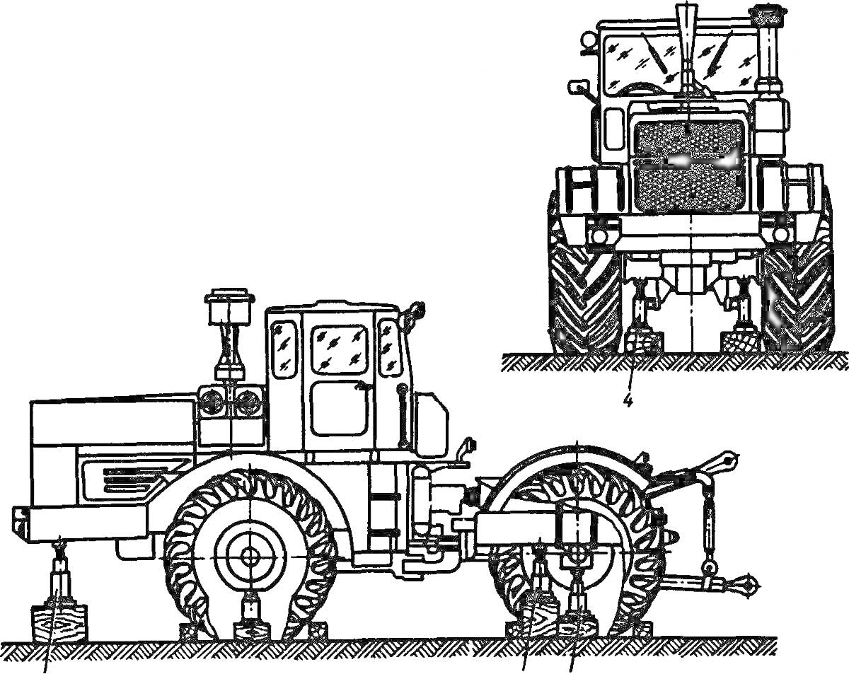 Раскраска Раскраска трактор Кировец, вид сбоку и спереди, с деталями колес, кабины и фар