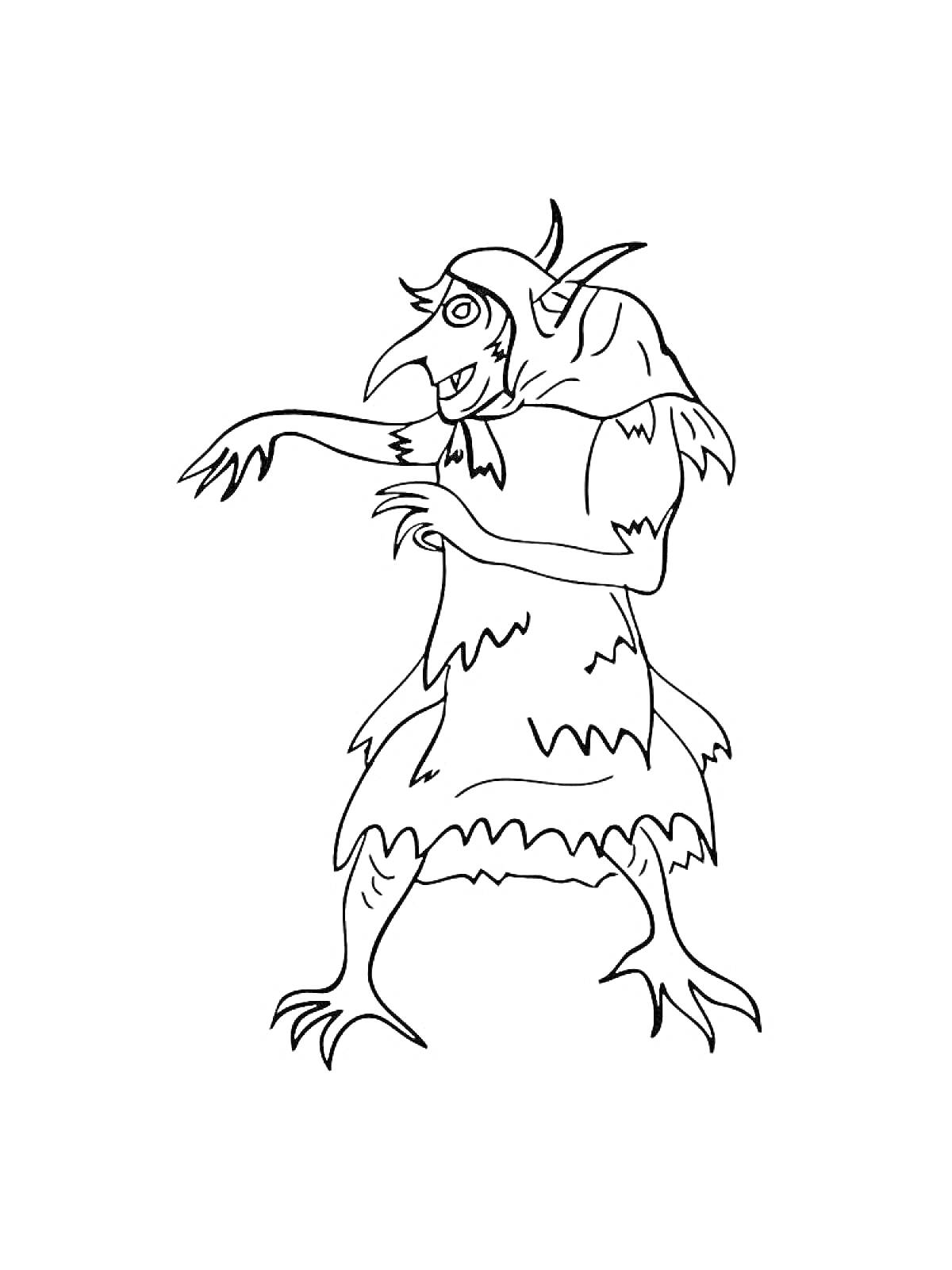 Кикимора в рваном халате с острыми когтями и длинным носом, с рогами на голове