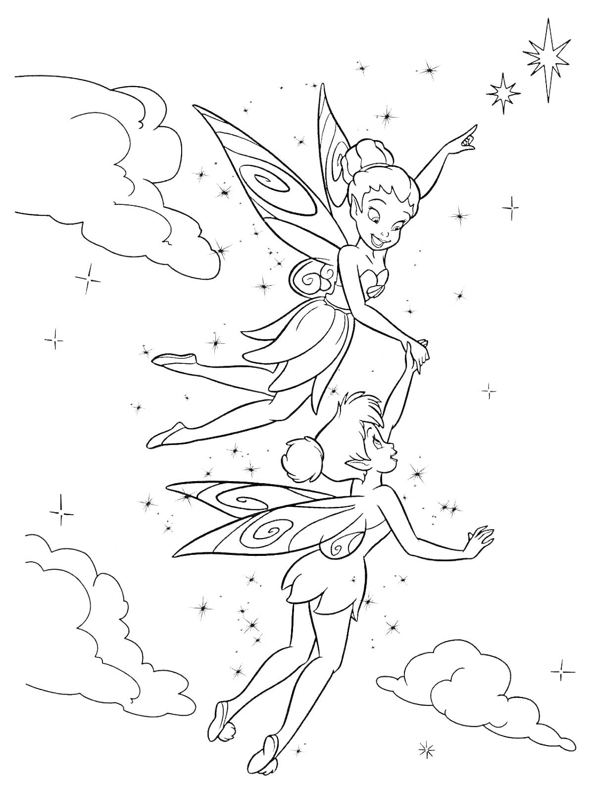 Раскраска две летающие феи Динь-Динь среди облаков и звёзд, одна фея указывает на звезду
