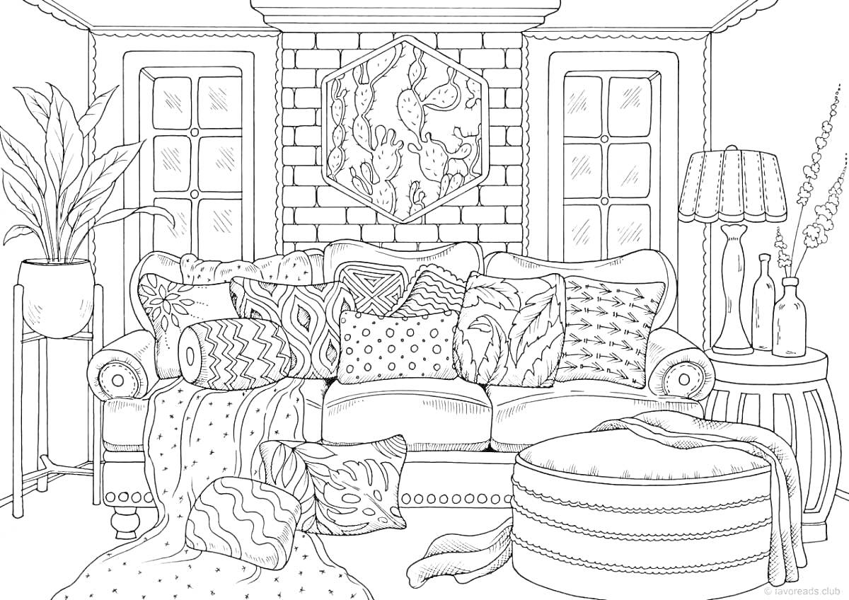 Раскраска Гостиная с диваном, окнами и декоративными элементами.