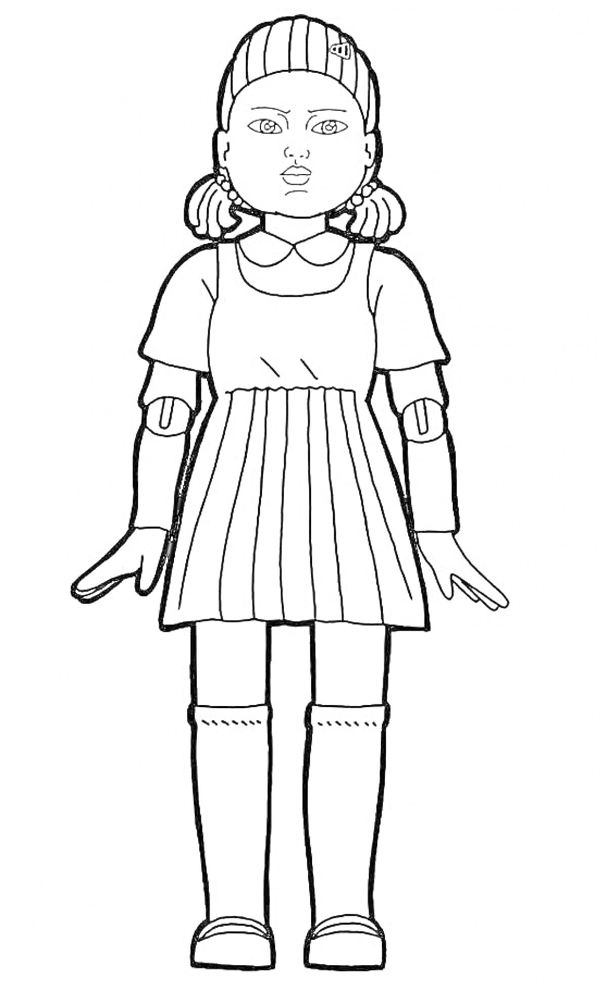 Раскраска Девочка с длинными ногами в платье, с хвостиками на голове и заколкой