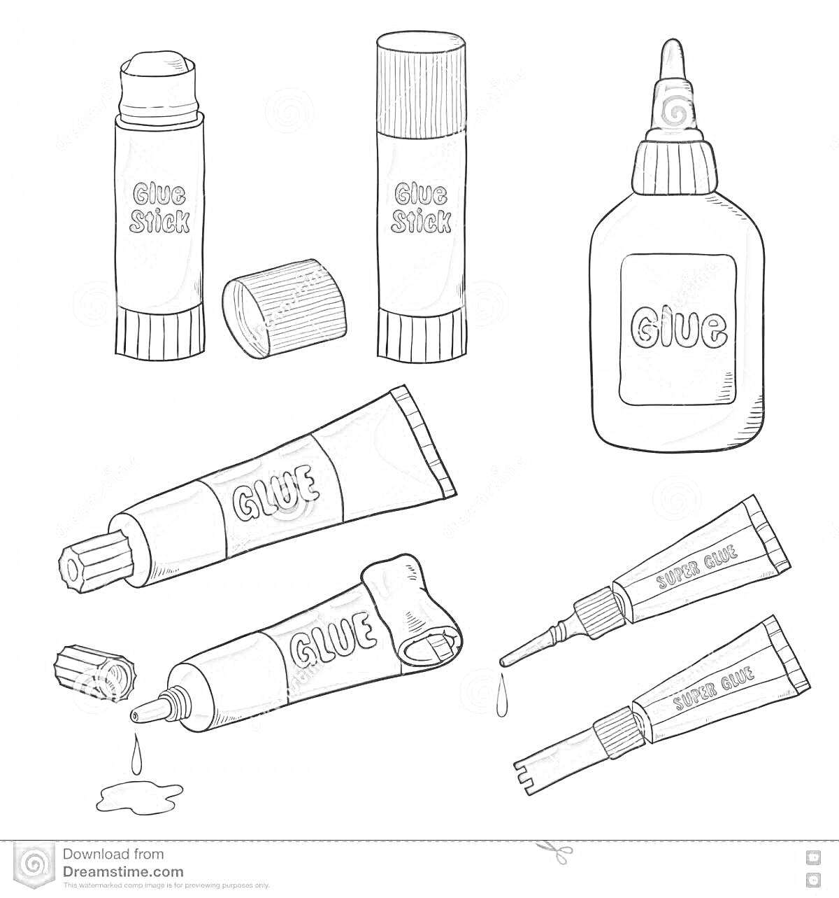 Клей-карандаш, клей в тюбике, клей в бутылке с носиком, клей в тюбике с крышкой и выделяющийся клей, клей в маленьком тюбике с каплей клея