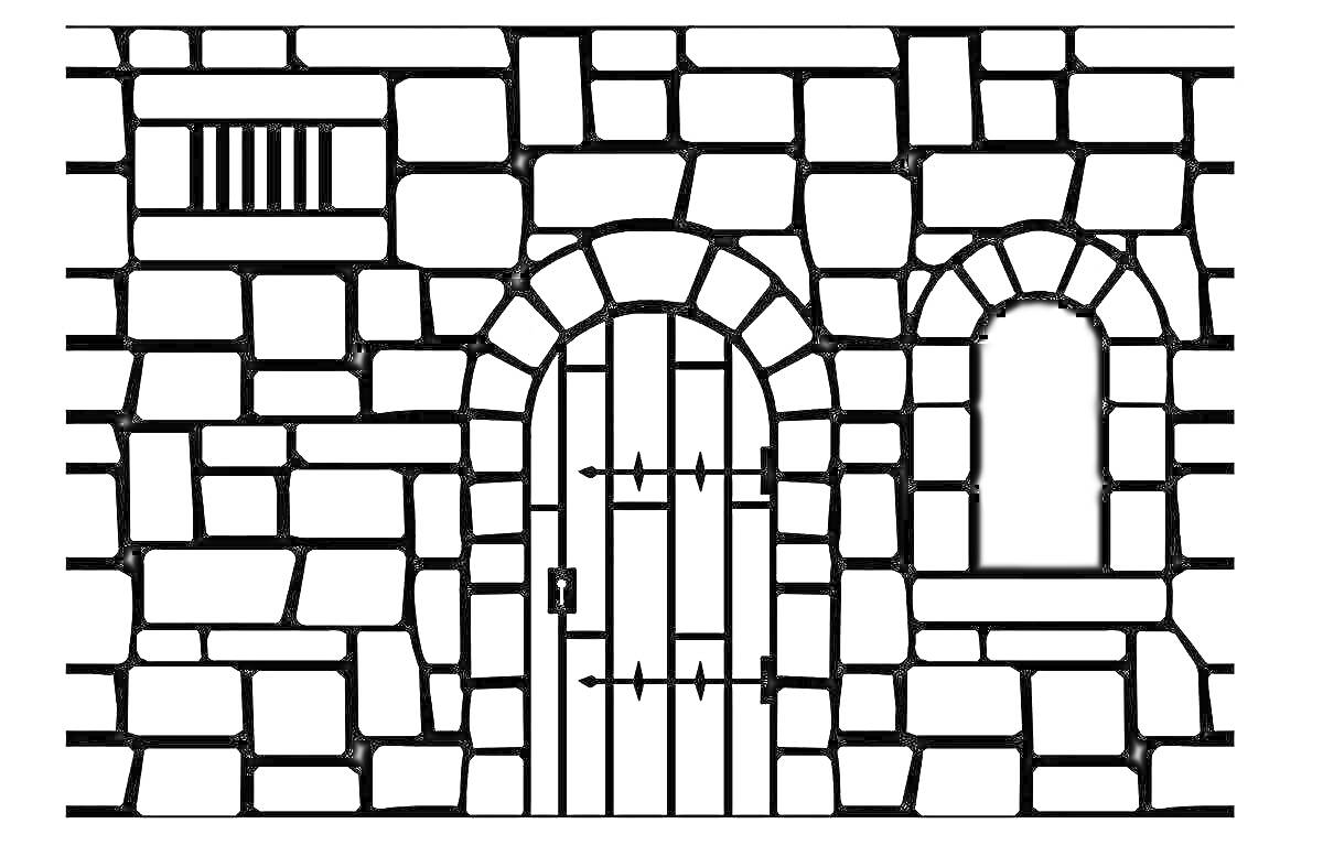 На раскраске изображено: Каменная стена, Ворота, Кирпичи, Арка, Решетка
