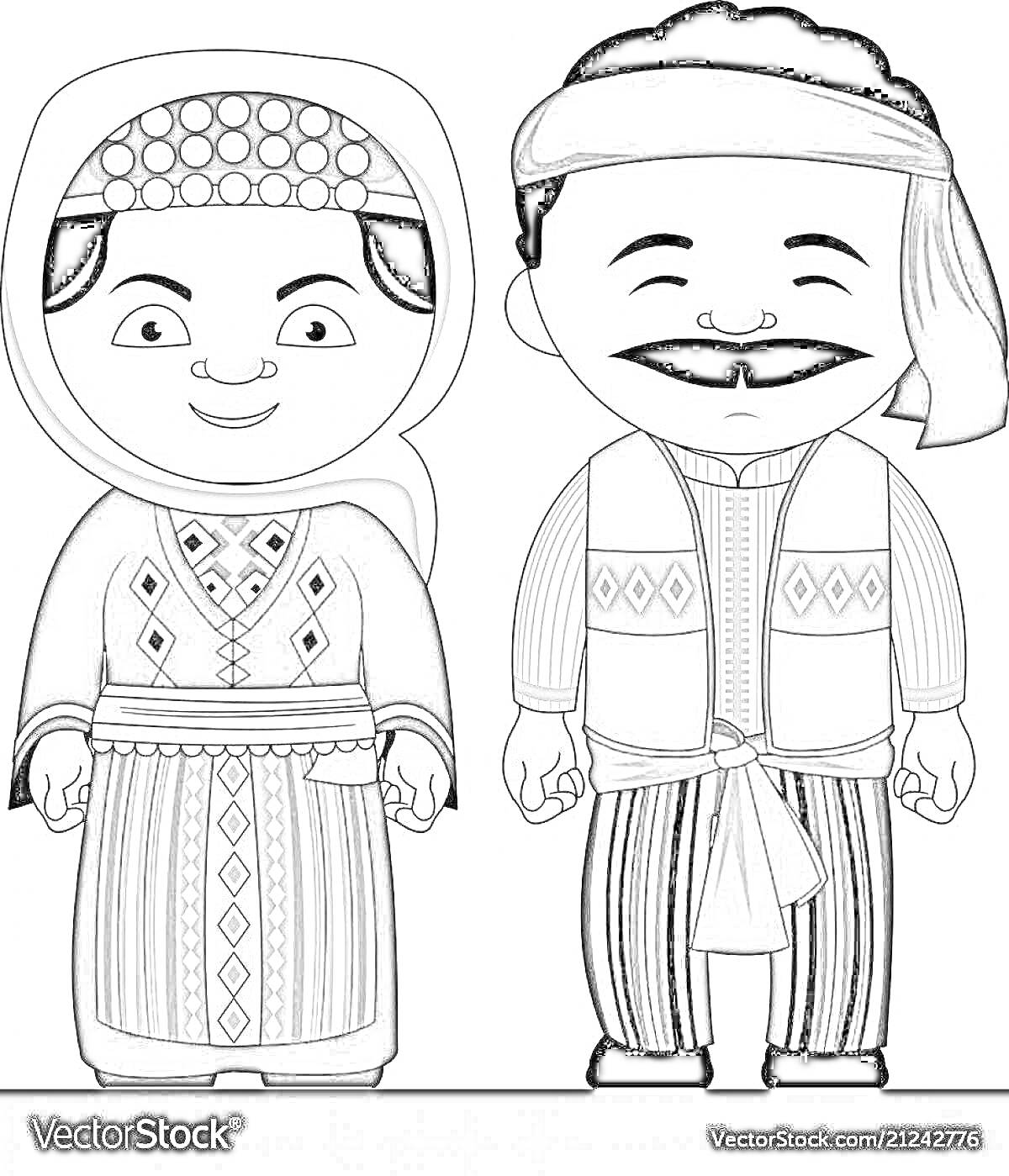 Раскраска Мужчина и женщина в армянских народных костюмах, со всеми художественными деталями. Женщина в длинном платье, украшенном орнаментами, поясом и головным обручем с платком; мужчина в рубашке, жилетке, полосатых брюках и с повязкой на голове.