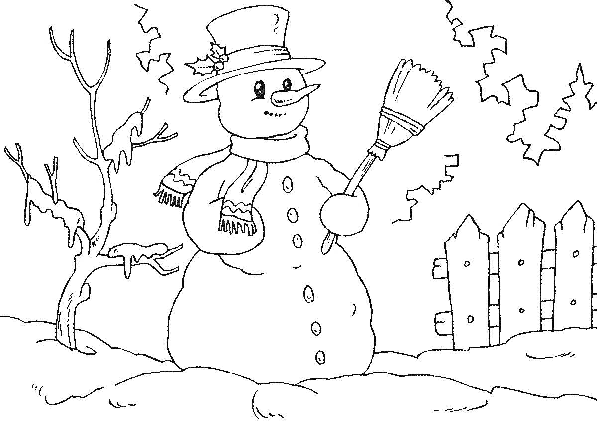Раскраска Снеговичок с метлой, деревом и забором в зимнем пейзаже
