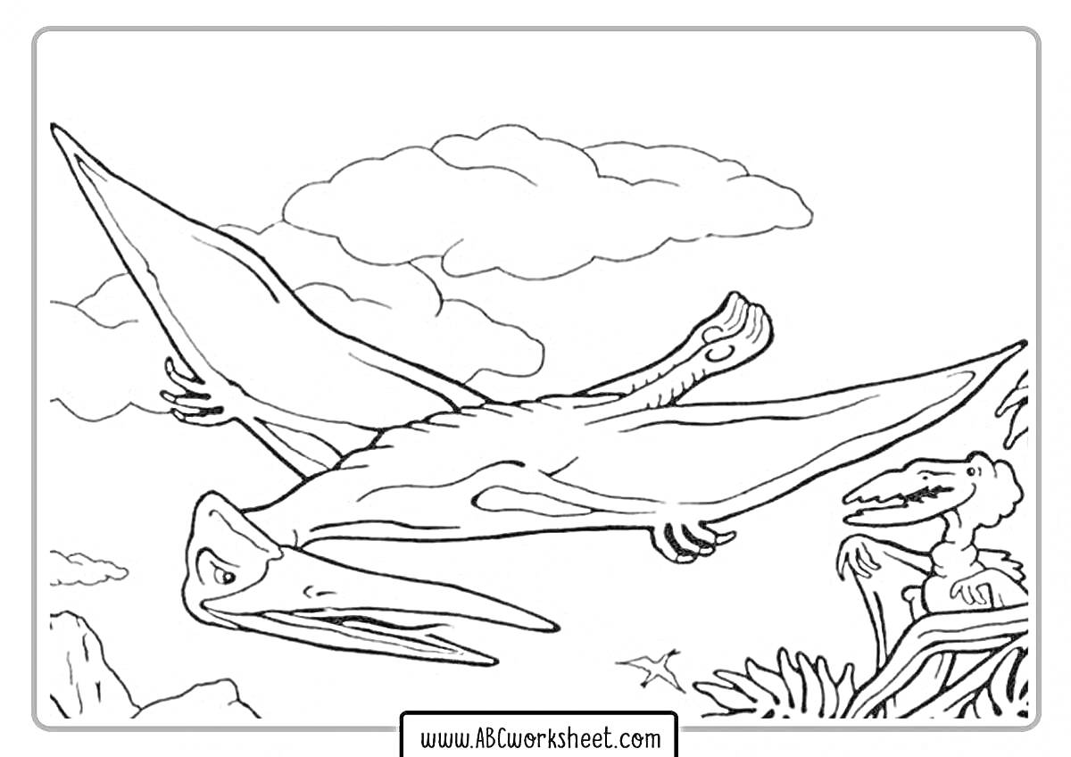 Раскраска Птеранодон летит среди облаков, на земле другой динозавр