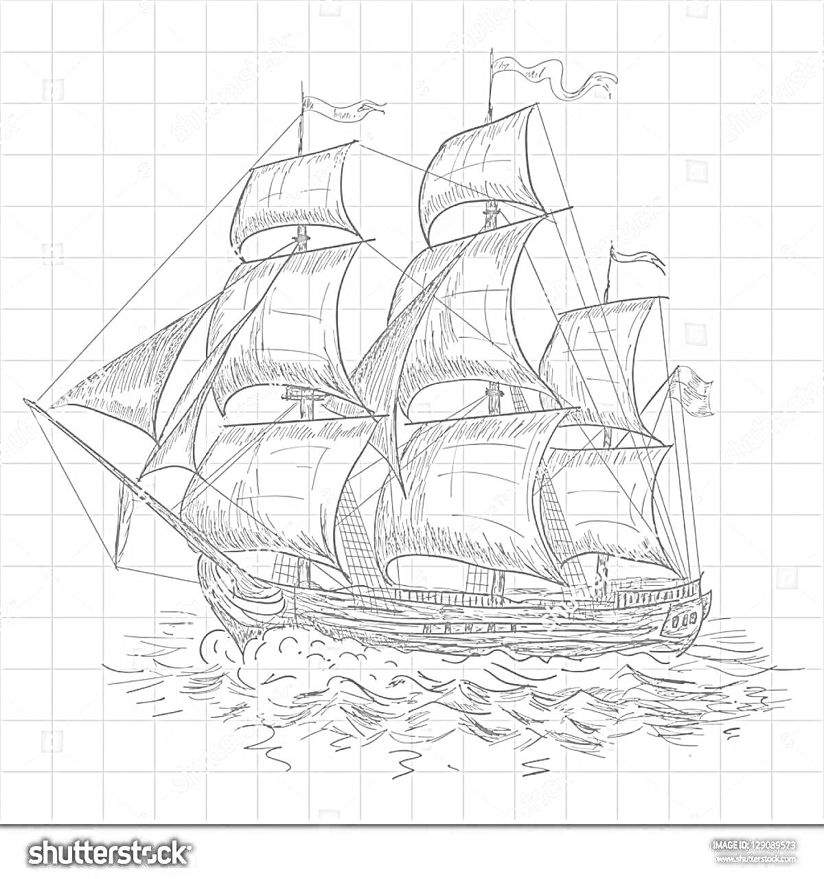 На раскраске изображено: Корабль, Море, Яхта, Судно, Мореплавание, Волны, Клетчатый фон