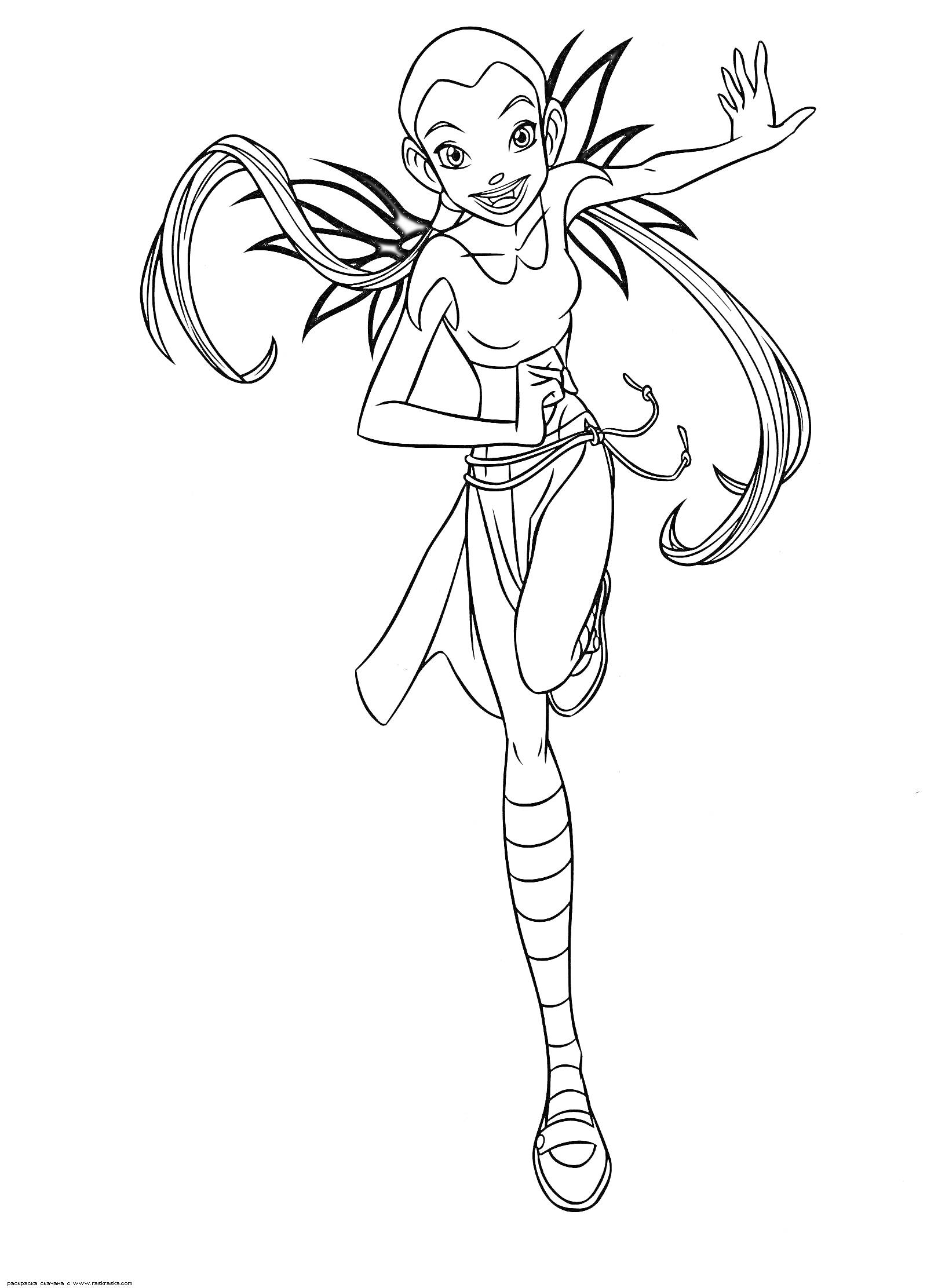 Раскраска Чародейка с длинными волосами и крыльями в прыжке