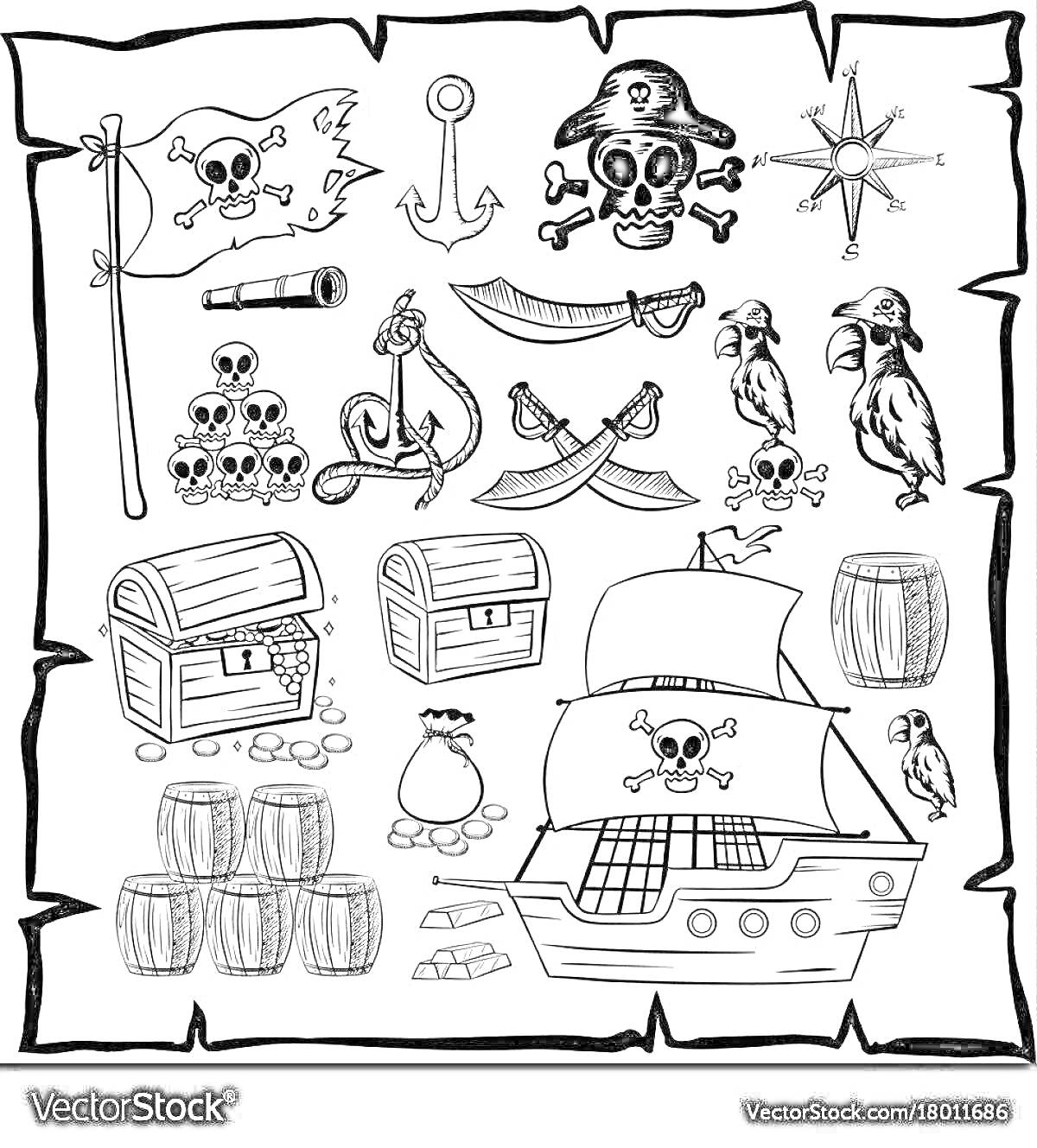 Раскраска карта пиратских сокровищ с черепами и костями, пиратским флагом, якорем, подзорной трубой, компасом, папугами, сундуками, пиратским кораблем и бочками