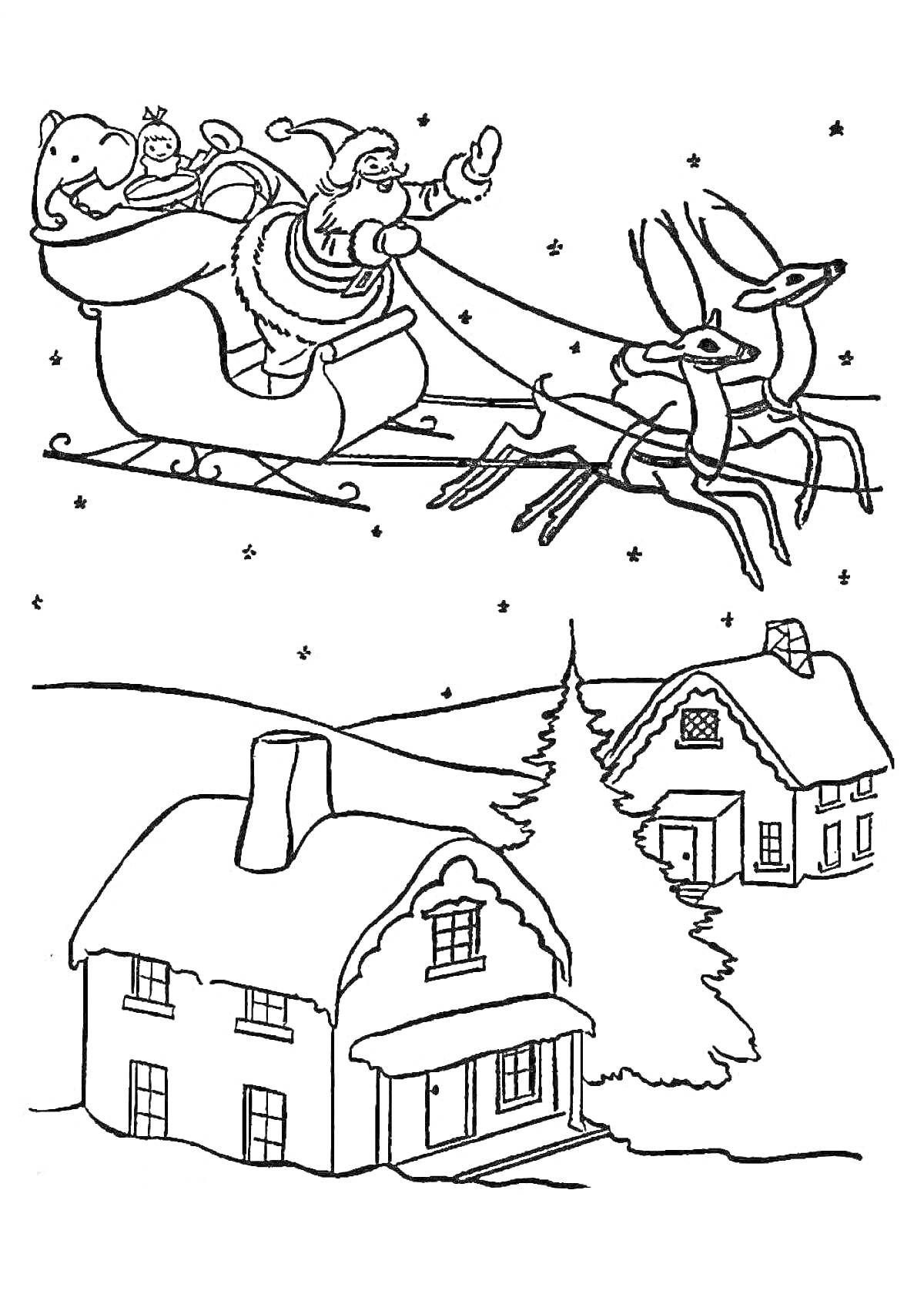 Раскраска Санта-Клаус в санях с оленями над заснеженными домиками