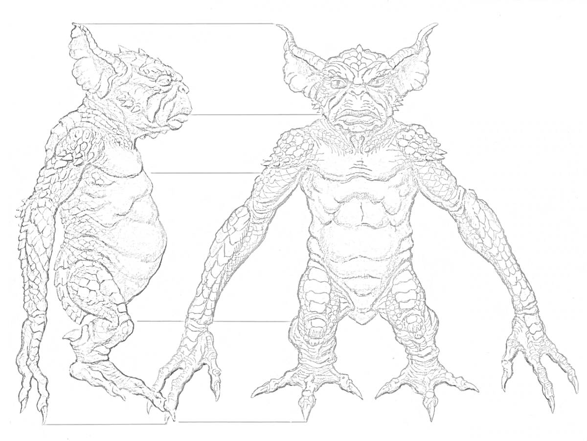Раскраска Гремлин в полный рост спереди и сбоку