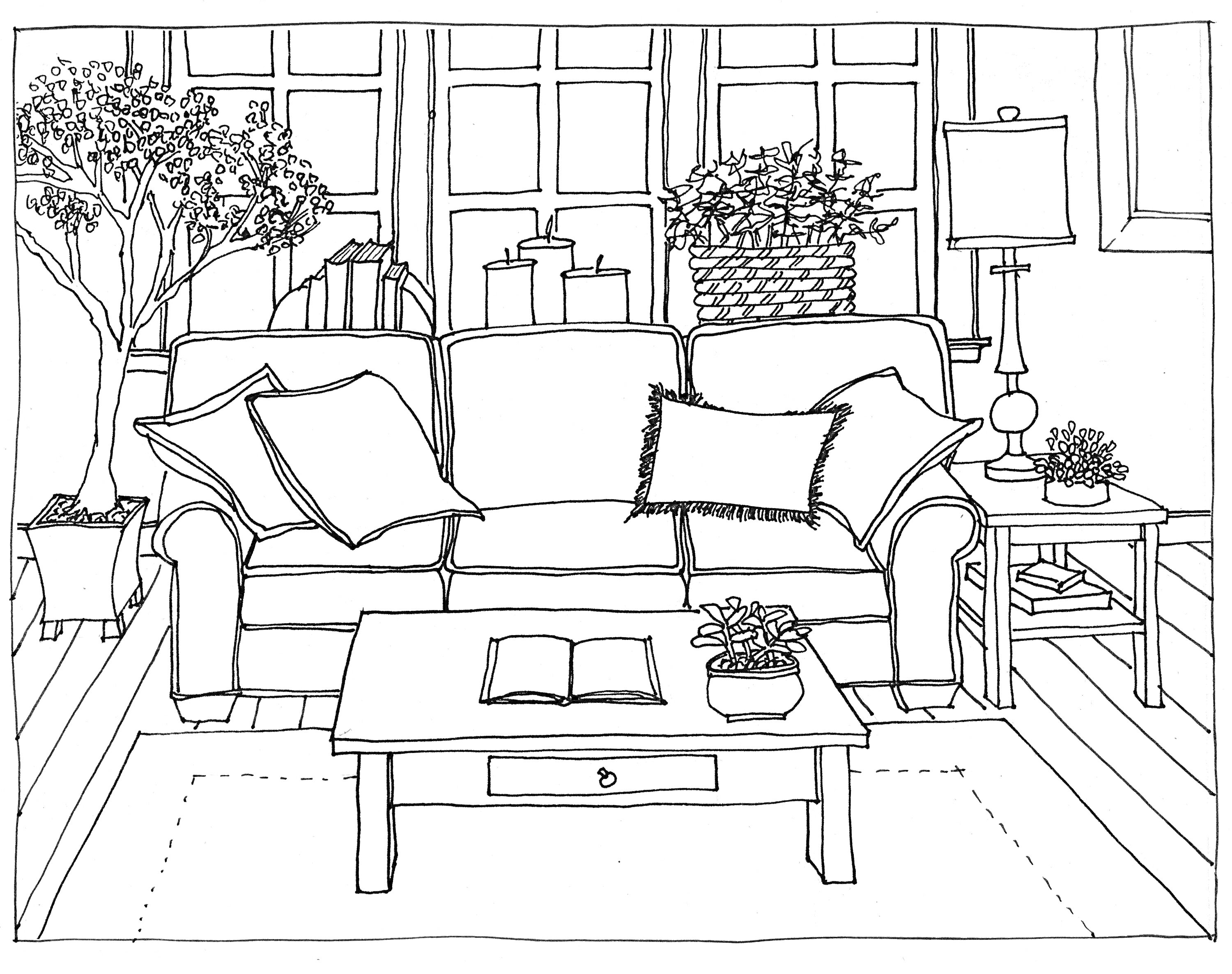 Раскраска Гостиная с диваном, подушками, журнальным столиком и растениями