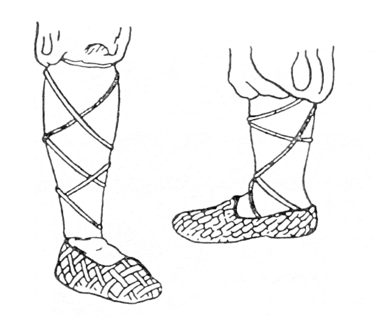 На раскраске изображено: Лапти, Обувь, Ноги, Обмотка, Плетение