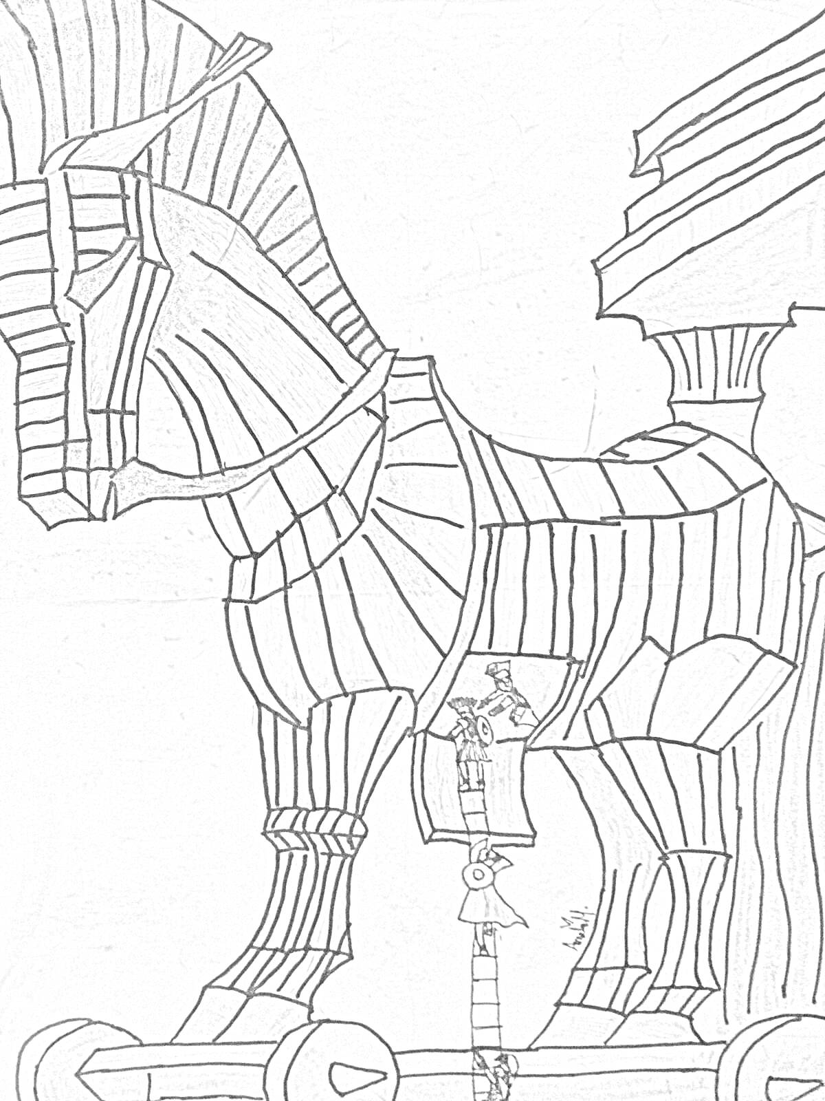 На раскраске изображено: Троянский конь, Древняя Греция, Война, Деревянный конь, Иллюстрация, Античность, Мифические существа