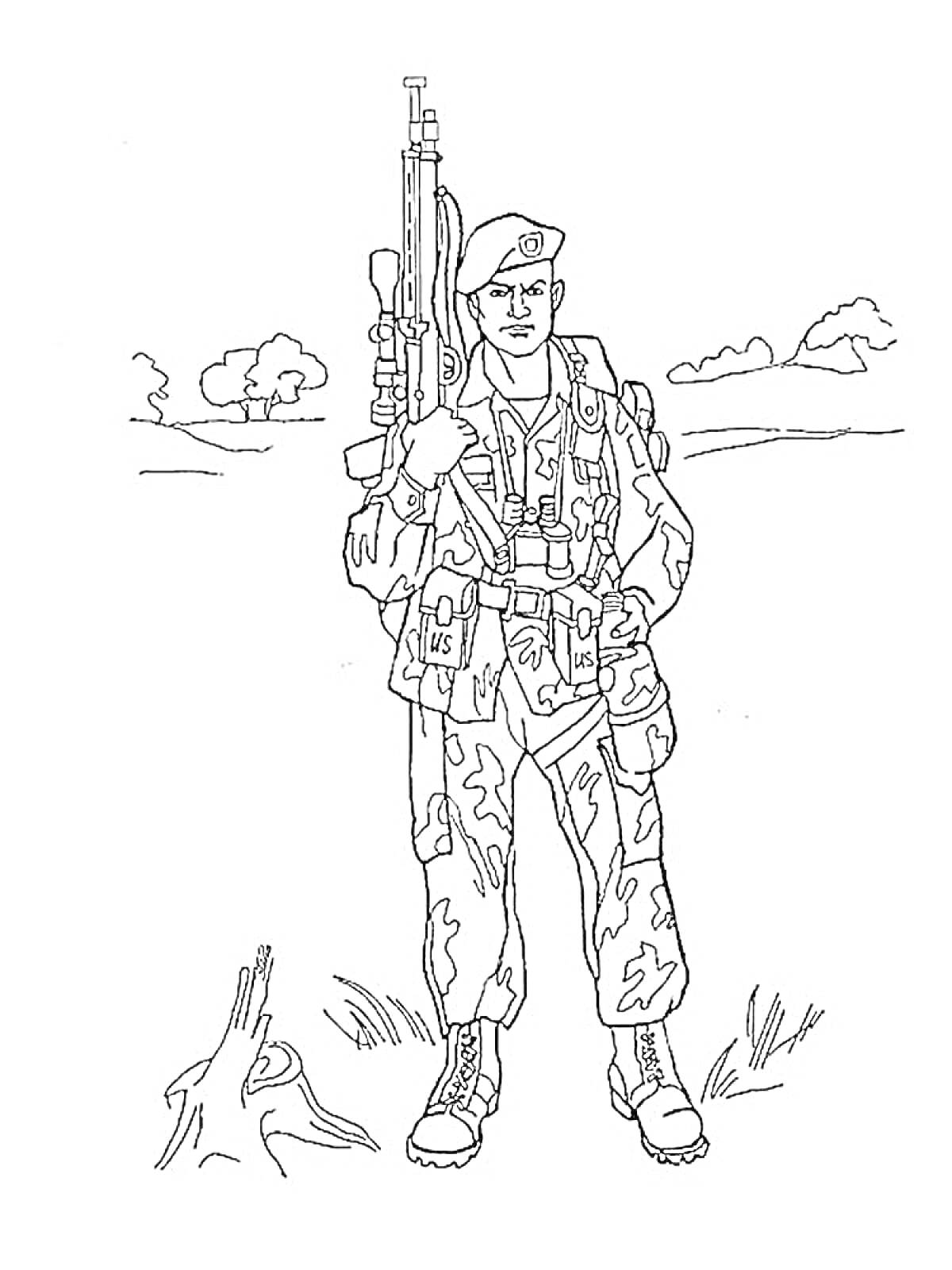 Раскраска Солдат в форме с оружием на фоне природы