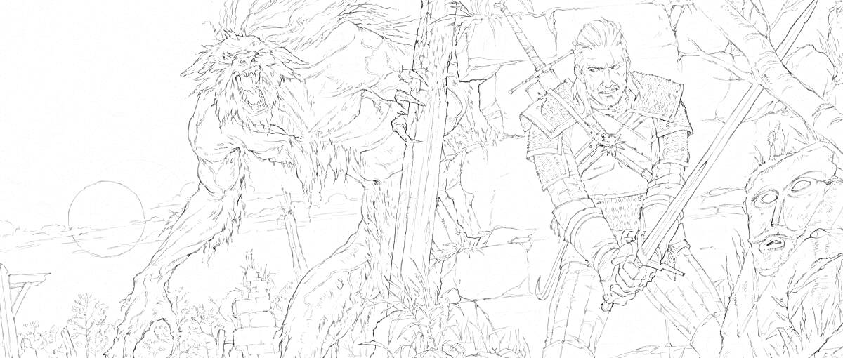 Раскраска Ведьмак с мечом против монстра среди густых кустов и деревьев на фоне средневекового замка