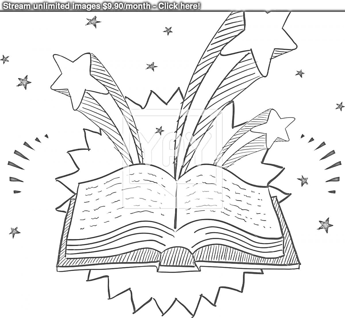 На раскраске изображено: Книга, Звезды, Волшебство, Искры