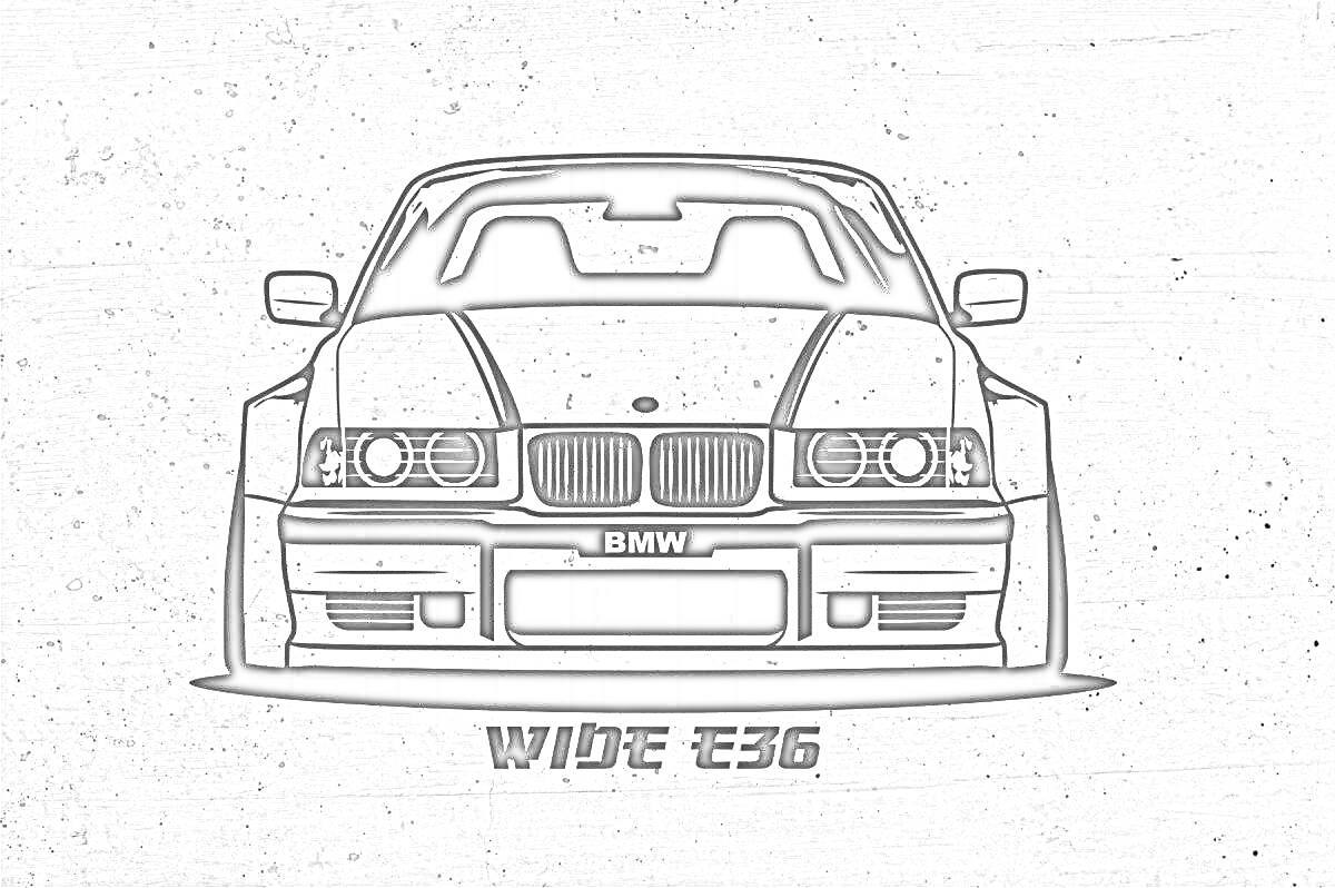 Раскраска Раскраска переднего вида BMW E36 с изменённой широкоформатной версией, текст 