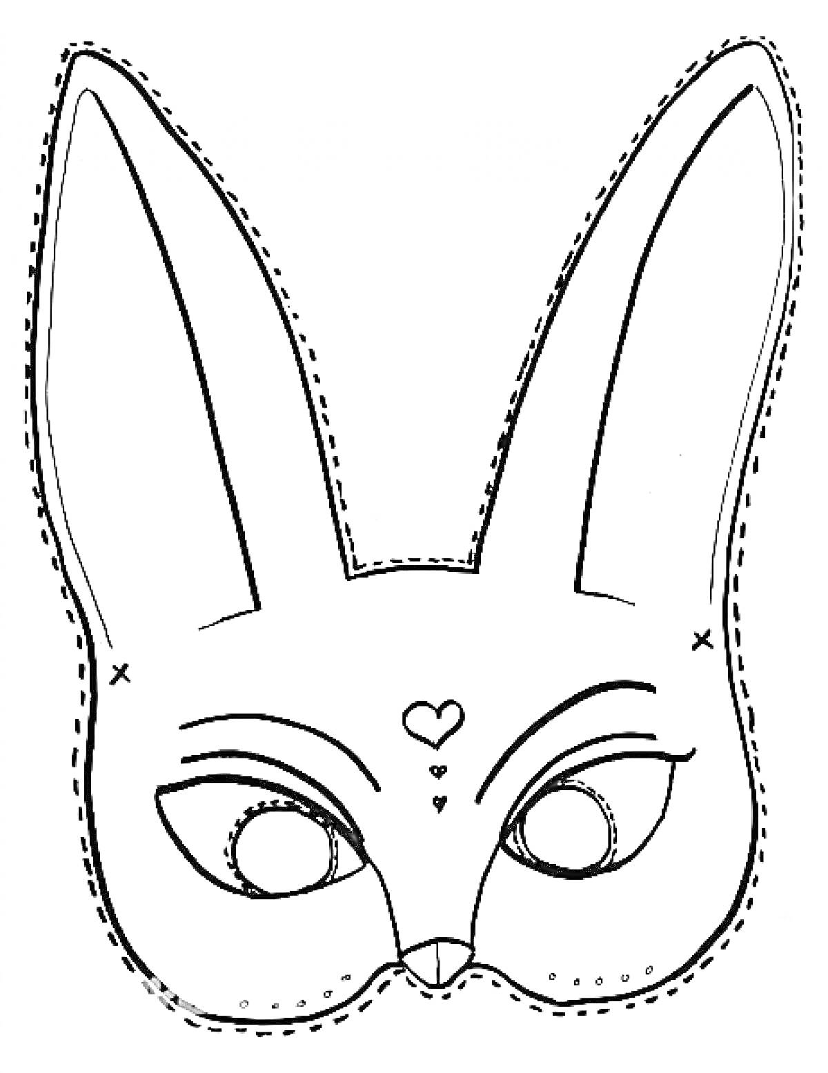Раскраска Маска с ушами кролика, сердечком и выразительными глазами