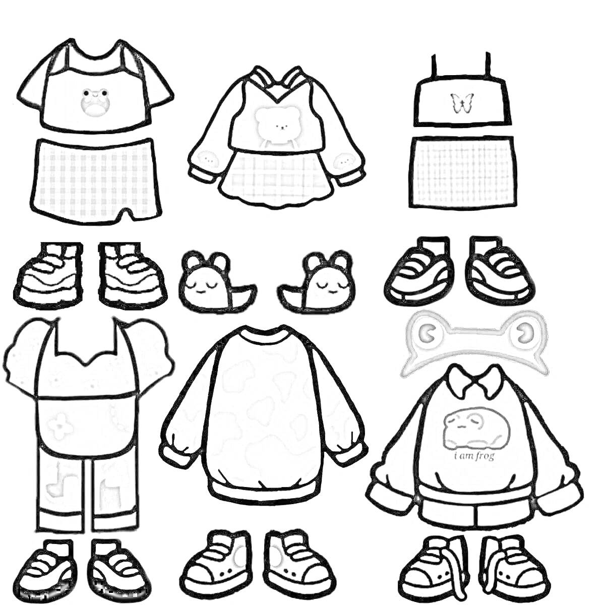 Раскраска Тока Бока персонажи с одеждой дома, включающие рубашки, юбки, толстовки, брюки, обувь, костюмы и аксессуары