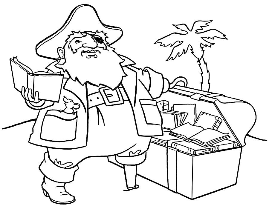 Раскраска Пират и сундук с книгами на фоне пальмы
