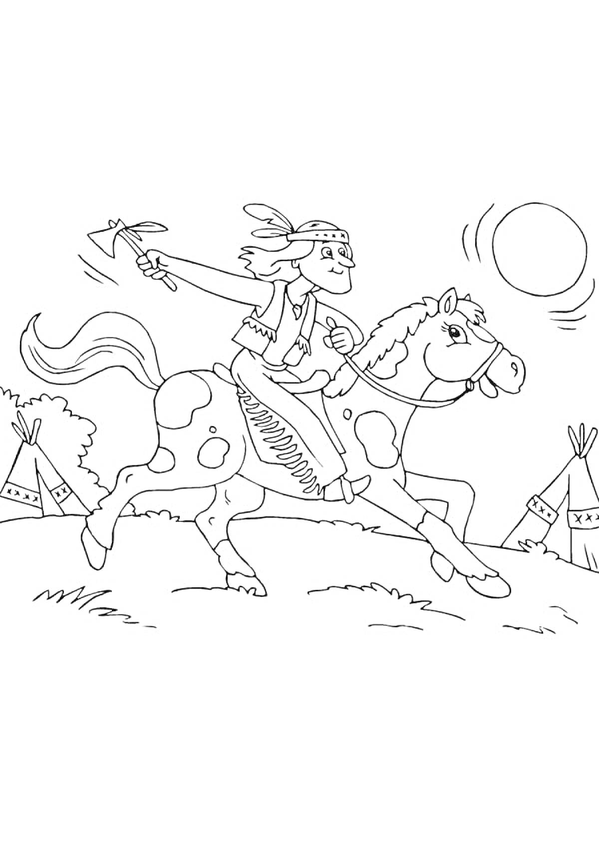 На раскраске изображено: Алдар Көсе, Лошадь, Вигвам, Солнце, Пейзаж, Персонаж, Скачки, Природа