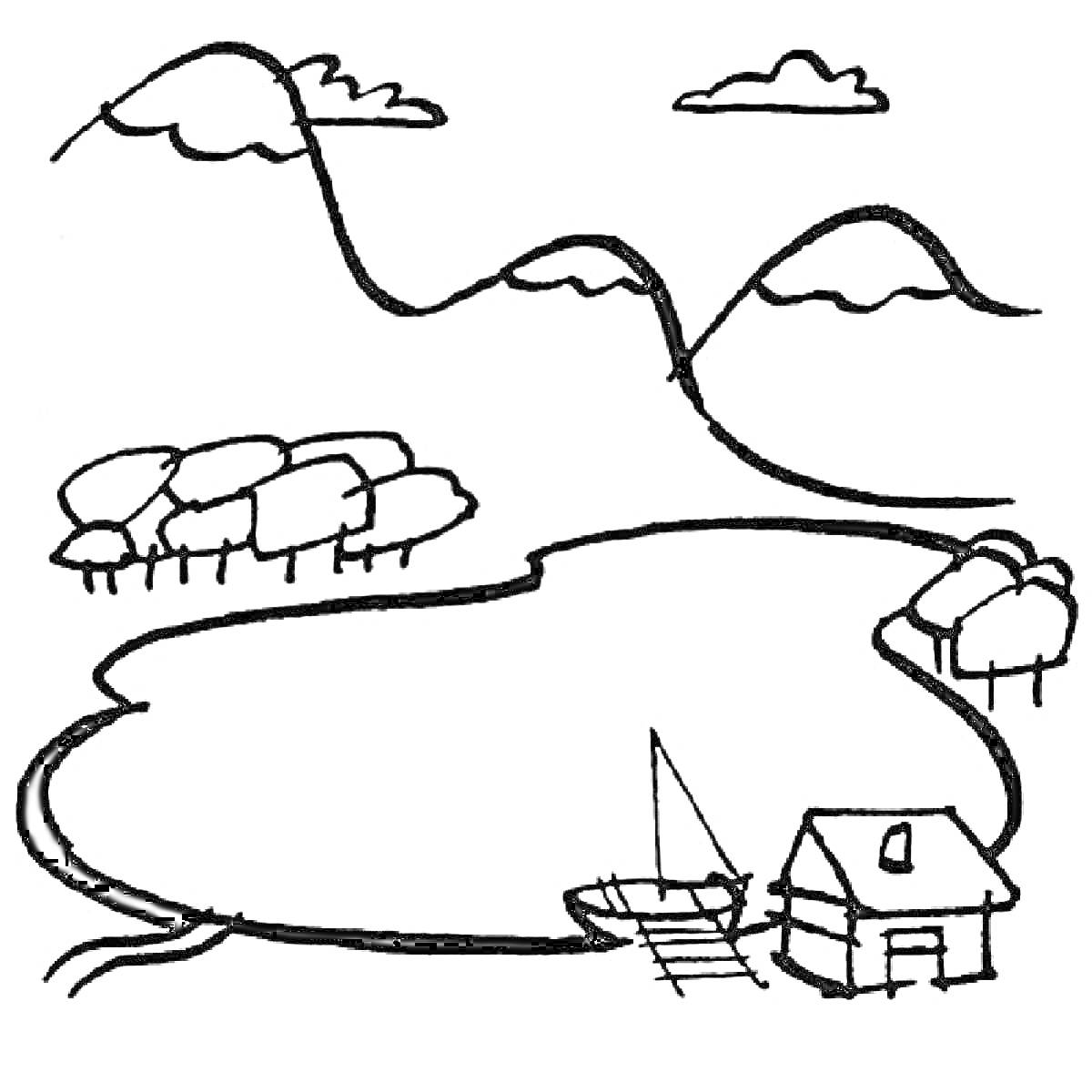 Раскраска Горы с озером, домом, деревьями и облаками